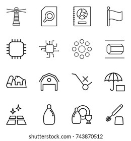 thin line icon set : lighthouse, search document, annual report, flag, chip, round around, nano tube, project, barn, do not trolley sign, insurance, clean floor, cleanser, dish, toilet brush