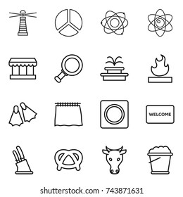 thin line icon set : lighthouse, diagram, atom, market, magnifier, fountain, flammable, flippers, curtain, ring button, welcome mat, knife holder, pretzel, cow, foam bucket