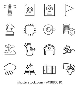 Thin Line Icon Set : Lighthouse, Search Document, Annual Report, Flag, Chess Horse, Chip, Cell Corection, Virtual Mining, Weather Management, Cleanser, Barn, Surfer, Rain Cloud, Clean Floor, Window