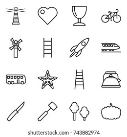 thin line icon set : lighthouse, heart, wineglass, bike, windmill, stairs, rocket, train, bus, starfish, kettle, knife, meat hammer, trees, pumpkin
