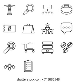 thin line icon set : lighthouse, magnifier, structure, smart bracelet, receipt, shopping bag, fort, sms, cargo search, baggage trolley, double boiler, coffee seeds, hard reach place cleaning