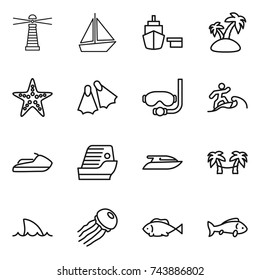 thin line icon set : lighthouse, boat, port, island, starfish, flippers, diving mask, surfer, jet ski, cruise ship, yacht, palm hammock, shark flipper, jellyfish, fish