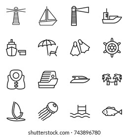 thin line icon set : lighthouse, boat, sea shipping, port, lounger, flippers, handwheel, life vest, cruise ship, yacht, palm hammock, windsurfing, jellyfish, pool, fish