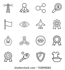 thin line icon set : lighthouse, share, dollar magnifier, flag, eye, plane, medal, rocket, spinner, crypto currency, tennis, shield, handle washing