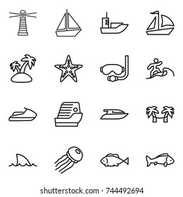 thin line icon set : lighthouse, boat, sea shipping, sail, island, starfish, diving mask, surfer, jet ski, cruise ship, yacht, palm hammock, shark flipper, jellyfish, fish
