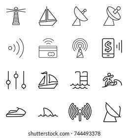 thin line icon set : lighthouse, boat, satellite antenna, wireless, tap to pay, mobile, equalizer, sail, pool, surfer, jet ski, shark flipper
