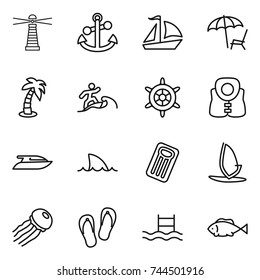thin line icon set : lighthouse, anchor, sail boat, lounger, palm, surfer, handwheel, life vest, yacht, shark flipper, inflatable mattress, windsurfing, jellyfish, flip flops, pool, fish