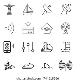 thin line icon set : lighthouse, boat, satellite antenna, wireless, tap to pay, home, mobile, equalizer, sail, pool, surfer, jet ski, shark flipper