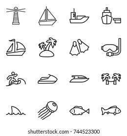 thin line icon set : lighthouse, boat, sea shipping, port, sail, island, flippers, diving mask, surfer, jet ski, yacht, palm hammock, shark flipper, jellyfish, fish