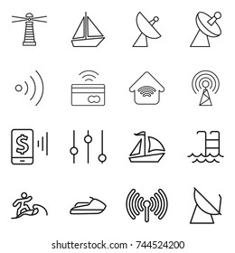 thin line icon set : lighthouse, boat, satellite antenna, wireless, tap to pay, home, mobile, equalizer, sail, pool, surfer, jet ski