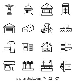 thin line icon set : lighthouse, goverment house, library, building, garage, warehouse, modern architecture, block wall, factory, district, hotel, shop, grain elevator, skysrcapers cleaning