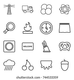 thin line icon set : lighthouse, truck, atom core, magnifier, flammable, watch, curtain, ring button, welcome mat, knife holder, pretzel, rain cloud, cherry, udder, acorn