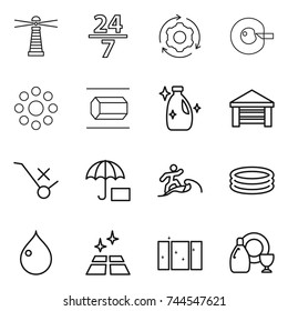 thin line icon set : lighthouse, 24 7, around gear, cell corection, round, nano tube, cleanser, garage, do not trolley sign, insurance, surfer, inflatable pool, drop, clean floor, window, dish