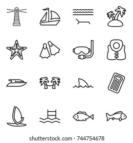 thin line icon set : lighthouse, sail boat, lounger, island, starfish, flippers, diving mask, life vest, yacht, palm hammock, shark flipper, inflatable mattress, windsurfing, pool, fish