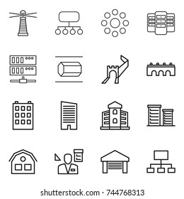 thin line icon set : lighthouse, structure, round around, server, nano tube, greate wall, bridge, building, skyscraper, district, house, architector, garage, hierarchy