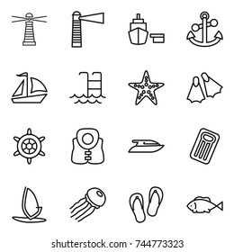 thin line icon set : lighthouse, port, anchor, sail boat, pool, starfish, flippers, handwheel, life vest, yacht, inflatable mattress, windsurfing, jellyfish, flip flops, fish