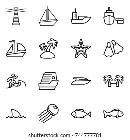 thin line icon set : lighthouse, boat, sea shipping, port, sail, island, starfish, flippers, surfer, cruise ship, yacht, palm hammock, shark flipper, jellyfish, fish