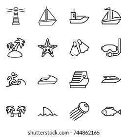 thin line icon set : lighthouse, boat, sea shipping, sail, island, starfish, flippers, diving mask, surfer, jet ski, cruise ship, yacht, palm hammock, shark flipper, jellyfish, fish