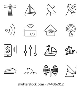 thin line icon set : lighthouse, boat, satellite antenna, wireless, tap to pay, home, mobile, equalizer, sail, surfer, jet ski, shark flipper