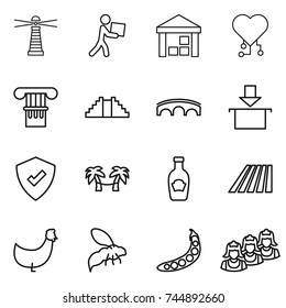thin line icon set : lighthouse, courier, warehouse, cardio chip, column, pyramid, bridge, package, protected, palm hammock, ketchup, field, chicken, wasp, peas, outsource