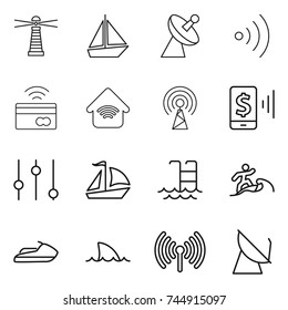 thin line icon set : lighthouse, boat, satellite antenna, wireless, tap to pay, home, mobile, equalizer, sail, pool, surfer, jet ski, shark flipper