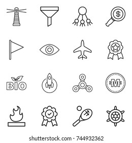thin line icon set : lighthouse, funnel, share, dollar magnifier, flag, eye, plane, medal, bio, rocket, spinner, crypto currency, flammable, tennis, handwheel