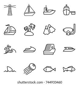 thin line icon set : lighthouse, boat, sea shipping, port, sail, island, flippers, diving mask, surfer, jet ski, cruise ship, yacht, shark flipper, jellyfish, fish