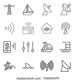 thin line icon set : lighthouse, boat, satellite antenna, wireless, tap to pay, home, mobile, equalizer, sail, pool, surfer, shark flipper