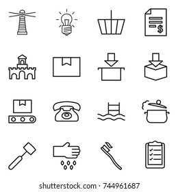 thin line icon set : lighthouse, bulb, basket, account balance, fort, package box, transporter tape, phone, pool, steam pan, meat hammer, sow, tooth brush, clipboard list