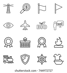 thin line icon set : lighthouse, dollar magnifier, flag, eye, plane, bio, presentation, medal, university, flammable, train, shield, handwheel, handle washing