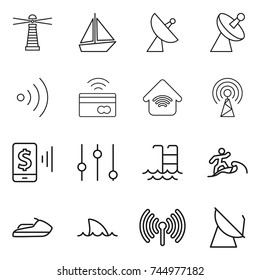 thin line icon set : lighthouse, boat, satellite antenna, wireless, tap to pay, home, mobile, equalizer, pool, surfer, jet ski, shark flipper