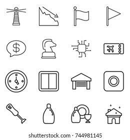 thin line icon set : lighthouse, crisis, flag, money message, chess horse, chip, ticket, watch, power switch, garage, ring button, blender, cleanser, dish, house cleaning