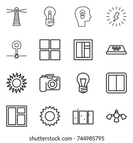 thin line icon set : lighthouse, bulb, head, lightning, laser, window, taxi, sun, camera, power switch, clean, hard reach place cleaning