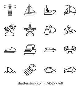 thin line icon set : lighthouse, boat, sea shipping, sail, island, starfish, flippers, surfer, jet ski, cruise ship, yacht, palm hammock, shark flipper, jellyfish, fish