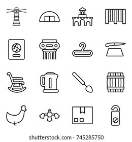 thin line icon set : lighthouse, hangare, fort, bar code, passport, antique column, hanger, cutting board, rocking chair, kettle, big spoon, barrel, chicken, hard reach place cleaning, package