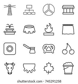 thin line icon set : lighthouse, hierarchy, diagram, market, fountain, stadium, flammable, curtain, ring button, turk, pretzel, cherry, cow, udder, maple leaf, foam bucket