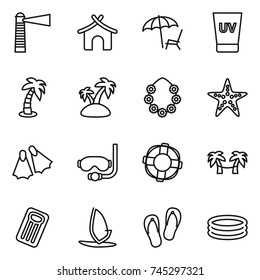 thin line icon set : lighthouse, bungalow, lounger, uv cream, palm, island, hawaiian wreath, starfish, flippers, diving mask, lifebuoy, hammock, inflatable mattress, windsurfing, flip flops, pool