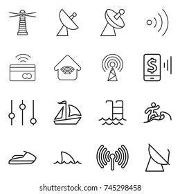 thin line icon set : lighthouse, satellite antenna, wireless, tap to pay, home, mobile, equalizer, sail boat, pool, surfer, jet ski, shark flipper