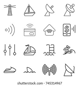 thin line icon set : lighthouse, boat, satellite antenna, wireless, tap to pay, home, mobile, equalizer, sail, pool, surfer, jet ski, shark flipper