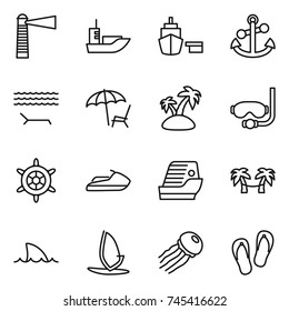 thin line icon set : lighthouse, sea shipping, port, anchor, lounger, island, diving mask, handwheel, jet ski, cruise ship, palm hammock, shark flipper, windsurfing, jellyfish, flip flops