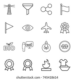thin line icon set : lighthouse, funnel, share, flag, eye, plane, medal, bio, presentation, rocket, crypto currency, flammable, handle washing