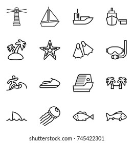 thin line icon set : lighthouse, boat, sea shipping, port, island, starfish, flippers, diving mask, surfer, jet ski, cruise ship, palm hammock, shark flipper, jellyfish, fish