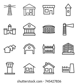 thin line icon set : lighthouse, warehouse, shop, tower, castle, library, airport building, houses, barn, gothic architecture, office, home, factory
