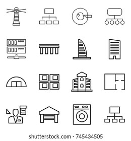 thin line icon set : lighthouse, hierarchy, cell corection, structure, server, bridge, skyscraper, hangare, panel house, building, plan, architector, garage, washing machine