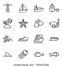 thin line icon set : lighthouse, boat, sea shipping, port, island, starfish, flippers, diving mask, surfer, jet ski, cruise ship, yacht, shark flipper, jellyfish, fish