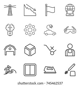 thin line icon set : lighthouse, crisis, flag, notebook globe, bulb brain, round around, electric car, smart glasses, barn, 3d, do not trolley sign, workman, surfer, power switch, iron, toilet brush