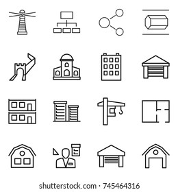 thin line icon set : lighthouse, hierarchy, molecule, nano tube, greate wall, mansion, building, garage, modular house, district, tower crane, plan, architector, barn
