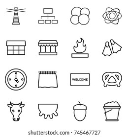 thin line icon set : lighthouse, hierarchy, atom core, market, flammable, flippers, watch, curtain, welcome mat, pretzel, cow, udder, acorn, foam bucket