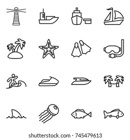 thin line icon set : lighthouse, sea shipping, port, sail boat, island, starfish, flippers, diving mask, surfer, jet ski, yacht, palm hammock, shark flipper, jellyfish, fish