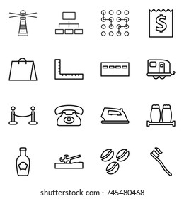thin line icon set : lighthouse, hierarchy, chip, receipt, shopping bag, ruler, bunker, trailer, vip fence, phone, iron, salt pepper, ketchup, soil cutter, coffee seeds, tooth brush